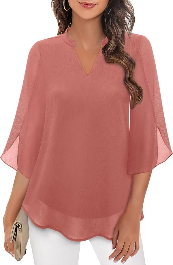 Radiant Petal-Sleeve V-neck Chiffon Top in Vibrant Colors & Loose Fit for Women