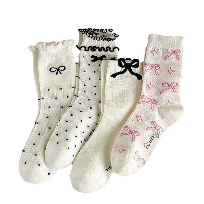 Three-dimensional Curling Polka Dot Bow Female Ballet Style Pure Cotton Mid-calf Length Socks