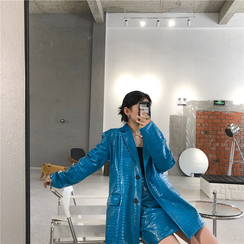 Korean blue  pattern loose shoulder leather jacket