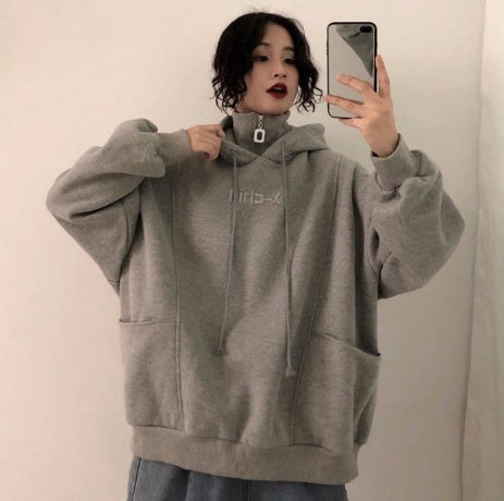 Chic Korean-Style Embroidered Hoodie for Women in Gray, Soft Velvet Lined. Trendy, cozy pullover with Korean-inspired design.