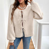Women's Lace-up Cardigan in Light Gray, European Sizes - Casual & Loose Sweater with Solid Color-Accent