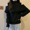 Elegant Women's Half-Turtleneck Sweater - Korean Style, Black/White, Universal Size, Ruffle Detail
