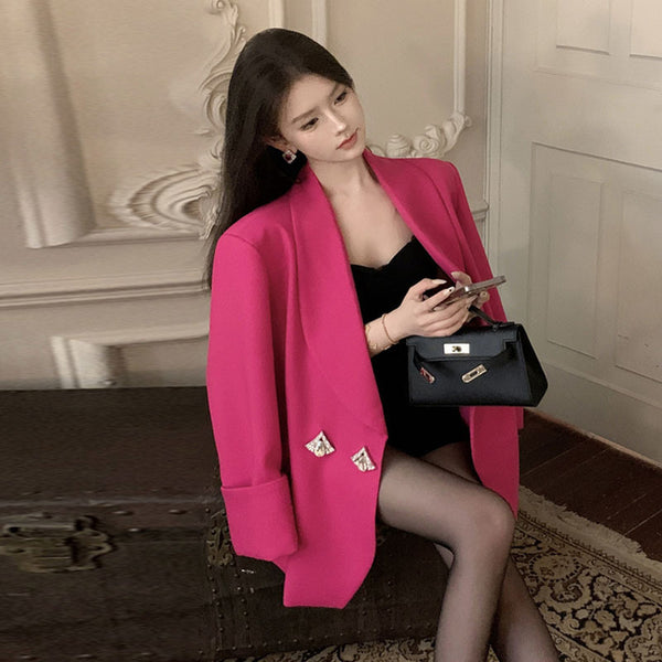 Elegant Rose Red Ladies Suit Jacket - Retro-Style Slim Fit with Classic Buttons & Regular Sleeves - Graceful Women's Fashion