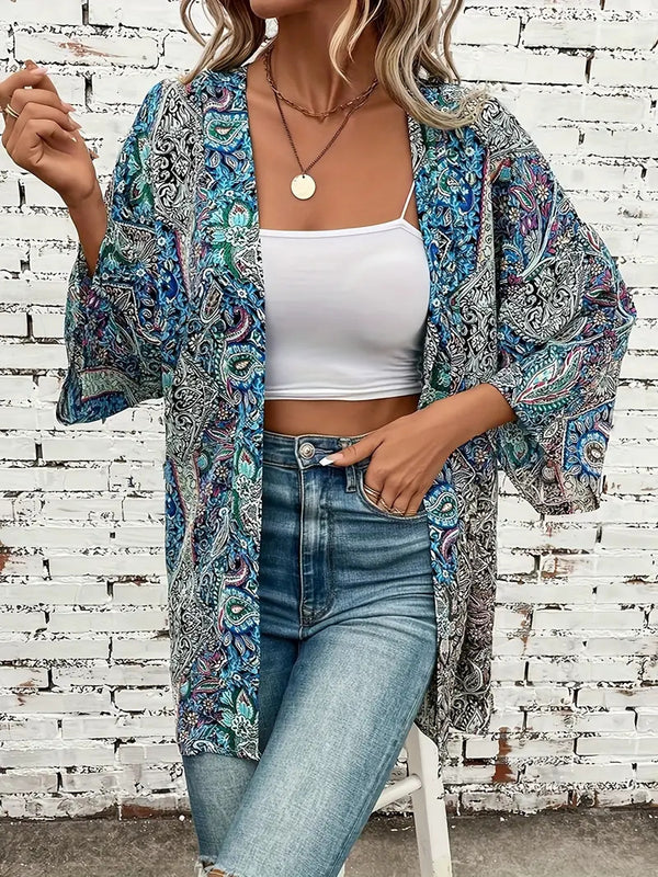 Ethnic Floral Print Bohemian Shirt with Unique Button Element