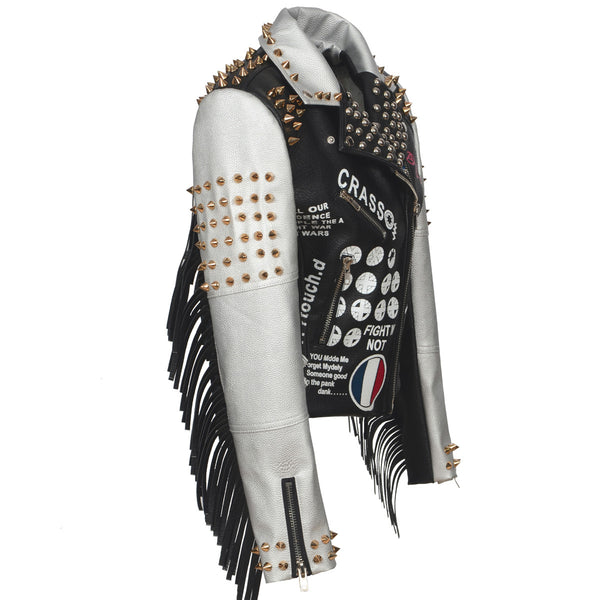 Women's Edgy Graffiti Leather Jacket, Punk Fashion Style, Synthetic Leather, Regular Fit, Colorful Design