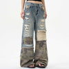 Vintage Camo Patchwork Ripped Denim Jeans, Blue, Mid-Waist, Full Length, Men's Fashion, Trendy Streetwear