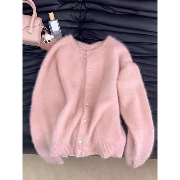 Women's Plush Velvet Cardigan in Cherry Tint, cozy and feminine pink sweater, premium polyester knit fabric, versatile free size fit.