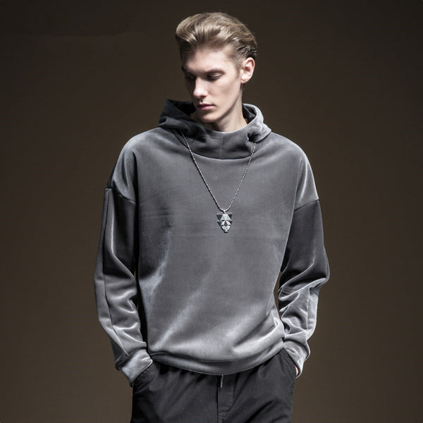 Thick Velvet Hooded Jacket in Gray - Trendy Unisex Wear, Autumn Style.