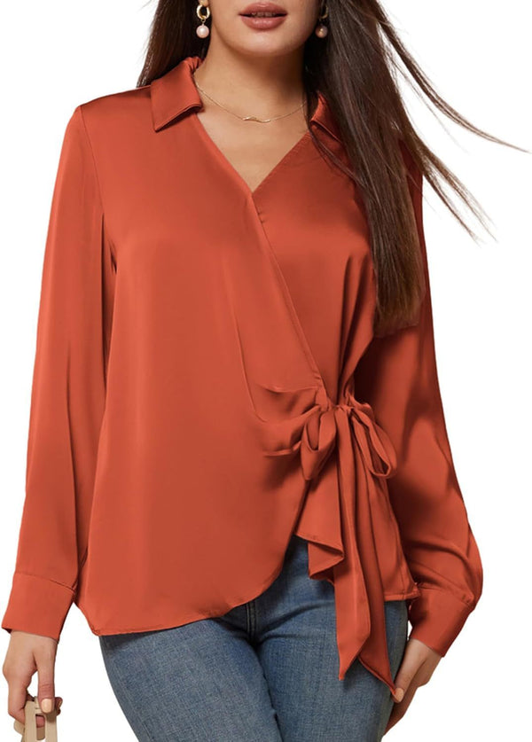 Elegant Lace-up Long Sleeve Shirt for Waist Trimming in Milk Silk - Trendy and stylish top for women, available in various colors.
