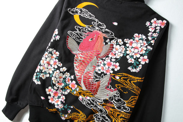 Premium Koi Fish Embroidered Hoodie Cardigan in Classic Black Cotton - Size M to 3XL