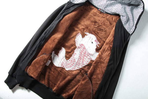 Premium Koi Fish Embroidered Black Hoodie Cardigan - Cotton Comfort Fit