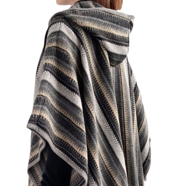 Ethnic Hooded Shawl Cape in Grey Stripe Pattern - Cozy Winter Accessory