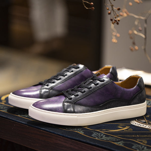 Premium Cowhide Leather Casual Shoes with Colorful Design in White, Black, Purple Gray for Men - Stylish, Comfortable Fashion Footwear