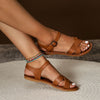 Retro Women's Brown Cross-Lace Flat Sandals - Open Toe, Patent Leather, TPR Sole - Multiple Sizes - Stylish Summer Footwear