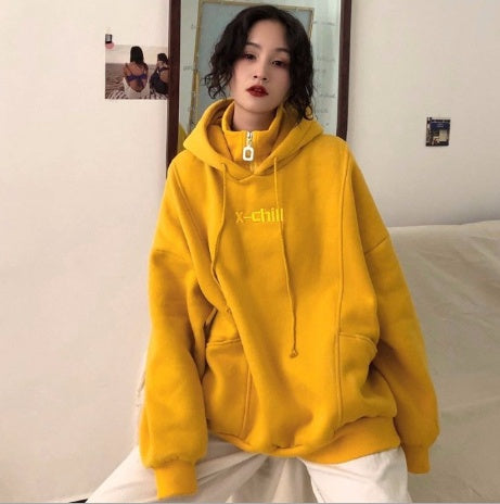 Chic Korean-Style Embroidered Women's Hoodie, Plush Velvet Lined, Grey/Yellow, Loose Fit, Stylish Fall/Winter Fashion