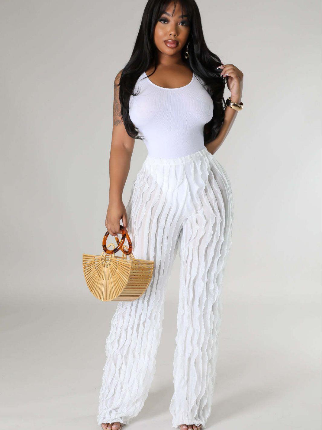 Women's Mesh Wavy Ruffled Loose High Waist Wide Leg Trousers