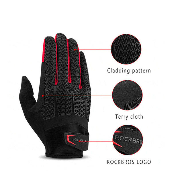 High-Quality Full Finger Biking Gloves with Gel Cushioning for All Seasons - Breathable Polyester & Lycra Material, Touchscreen Compatible, Adjustable Straps
