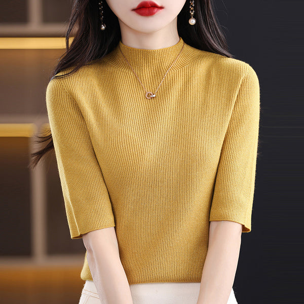 Fashionable Half-Sleeve Turtleneck Women's Sweater for Spring in Pink - Sizes S to XXL