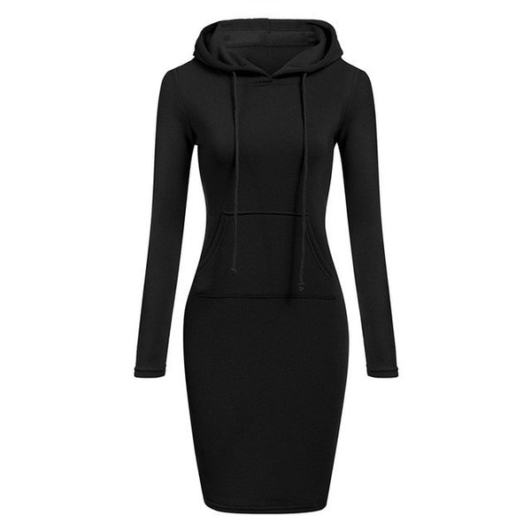 Cozy Autumn-Winter Hoodie Dress for Women, Plain Pullover Style with Hood - Medium Length Fleece Lined Dress.