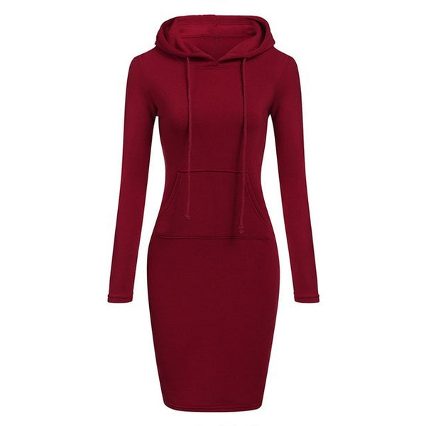 Cozy Autumn-Winter Hoodie Dress for Women - Long-Sleeve in Plain Style and Medium Length. Hooded, Polyester Fleece Lining.
