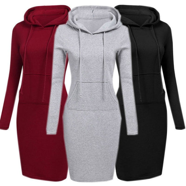 Cozy Autumn-Winter Hoodie Dress for Women - Relax-fit Long-Sleeve Pullover with Hood - Polyester Fleece Lined - Plain Style