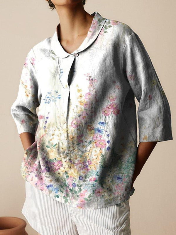 Retro Slub Linen Shirt for Autumn Casual Wear, Loose Fit, Long Sleeve, Pullover Style, Sophisticated Print.