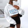 Cozy Blue Lettering White Cropped Hoodie with Long Sleeves - Premium-grade Polyester, Slim Waist, Blue Letter Detail.