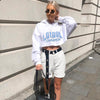 Cozy Blue Lettering White Cropped Hoodie, Slim Fit, Long Sleeve Sweatshirt, Hooded, Polyester Material, Fresh White with Blue Detail