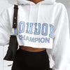 Cozy Blue Lettering White Cropped Hoodie, Long Sleeve Sweatshirt in Fresh White with Blue Letters, Premium Polyester Fabric.