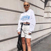 Cozy Blue Lettering White Cropped Hoodie - Stylish long sleeve hoodie with slim waist design, blue letters, and hood for all occasions.