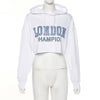 Cozy Blue Lettering White Cropped Hoodie with long sleeves, premium polyester fabric - stylish, comfortable statement piece for all occasions