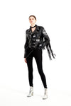 Women's Slim Graffiti PU Leather Jacket with Rivets, Street-Style Fashion