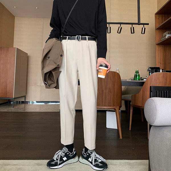 Men's Casual Loose-Fit Cropped Trousers in Polyester - Versatile Fashion for Men - Mid-High Waist - Sizes S to XL