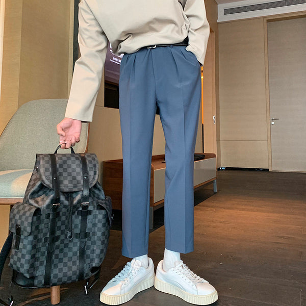 Men's Casual Loose-Fit Cropped Trousers in Polyester - Fashionable, Versatile, Mid-High Waist - Sizes S to XL - Thigh & Foot Details Included