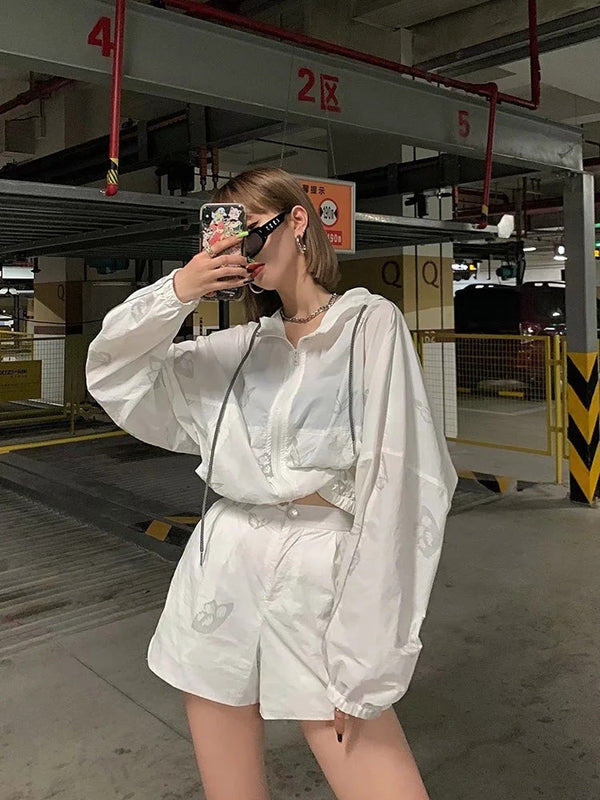 Reflective Butterfly Print Two-Piece Women's Set - Hoodie and Shorts - Outdoor Street Style Fashion Combo