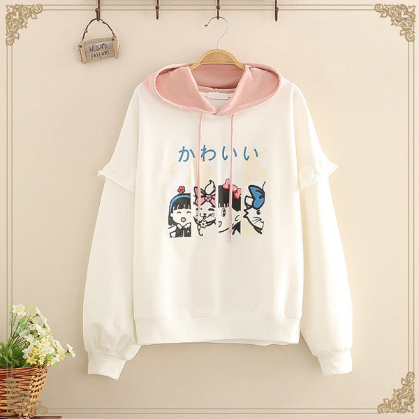 Cute Ruffled Patchwork Hoodie with Cartoon Print, Bubble Sleeves - Casual, Sweet Style - Thin Cotton - Hooded Collar -