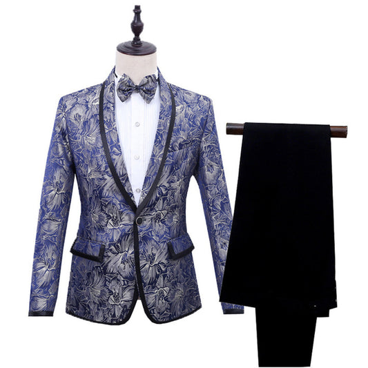 Best Man''s Dress Blue Brocade Suit One Button Green Fruit Collar With Black Edge British Men''s Two Piece Suit