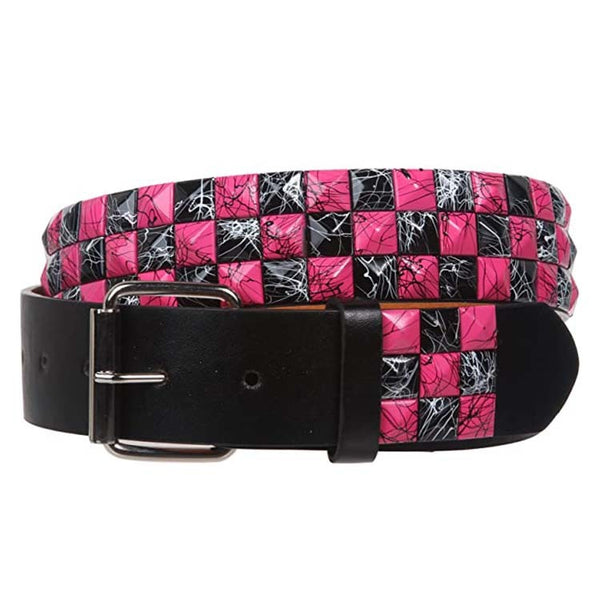 Artistic Graffiti Yurt Drum Bag Leather Belt with Brushed Paint and Rivets - Unisex punk rock belt in colorful cowhide leather.