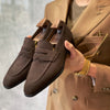 Men's Stylish Velvet Brown Boat Shoes with Mid-Height Heel - Slip-On Leather Shoes for Men - Casual Square Scalp Design.
