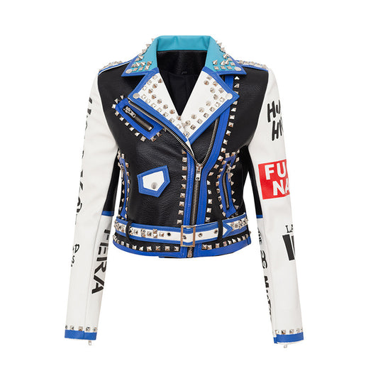 Ladies Leather Coat Graffiti Print Coat Rivet Hit Color Motorcycle Jersey