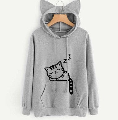 Cute Cat Ear Women's Hoodie - Cotton Blend Casual Sweatshirt in Asian Sizes