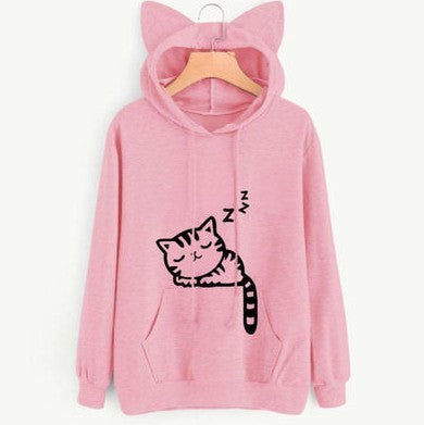 Cute Cat Ear Patterned Women's Casual Hoodie Sweatshirt with Asian Sizing, Cotton Blend, and Unique Cat Ear Design