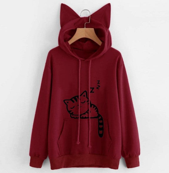 Cute Cat Ear Patterned Women's Hoodie - Casual Outerwear Sweatshirt in Cotton Blend