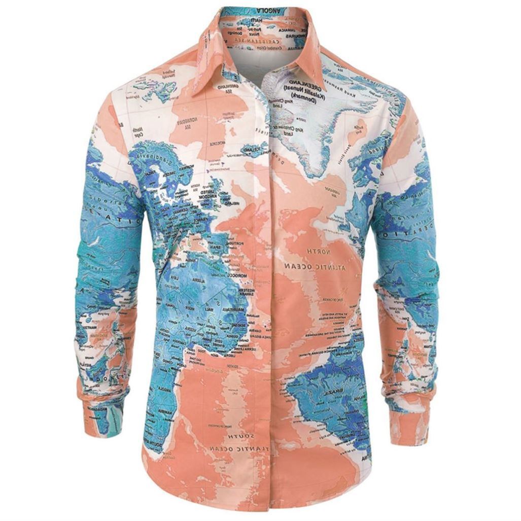 Men Shirt World Map Print HiddenG Button Slim Fit Shirts