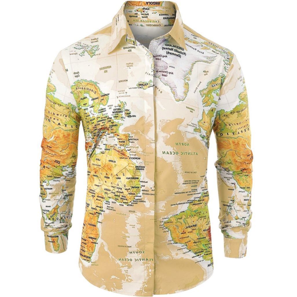 Men Shirt World Map Print HiddenG Button Slim Fit Shirts