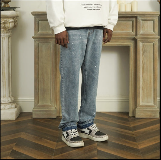 Empty Reference Ink Wash Light Blue Jeans Men'S Trousers With Raw Edges Simple Slim Straight Trousers