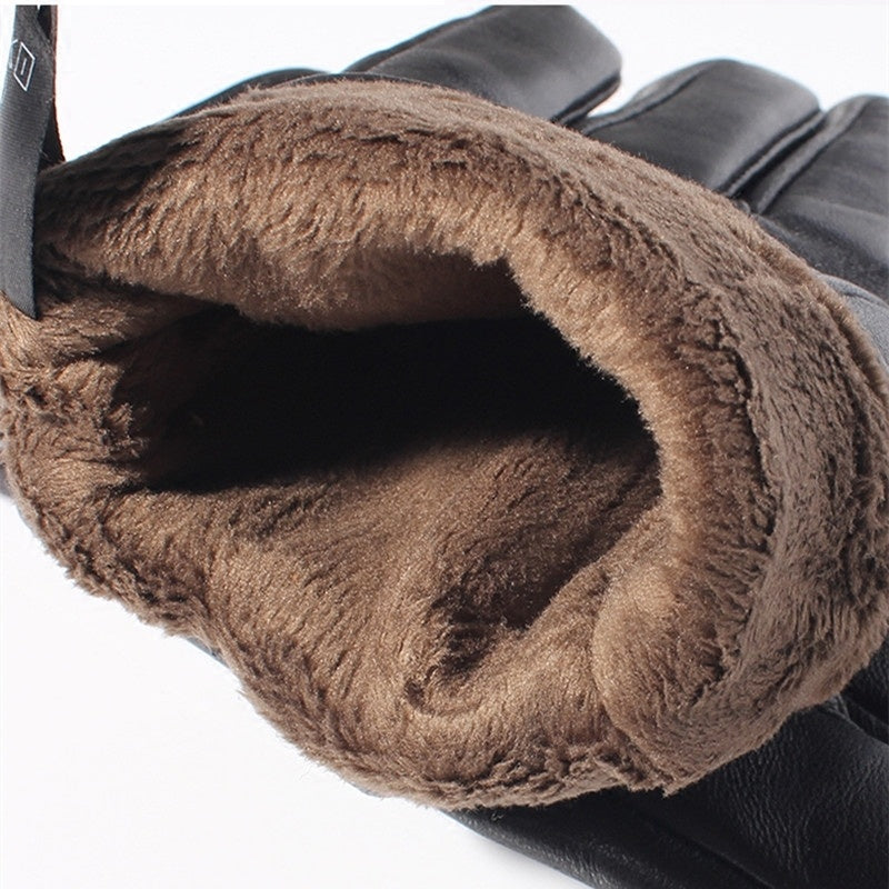 Leather Gloves Men Winter Warmth Thickened Plus Velvet Touch Screen Sheepskin Button Gloves Men