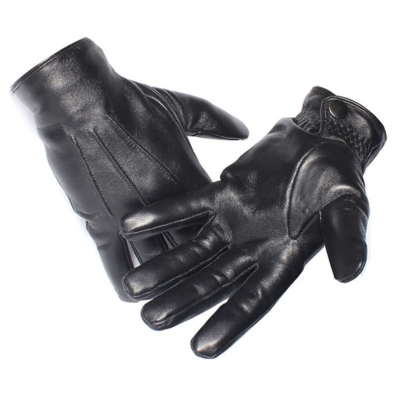 Leather Gloves Men Winter Warmth Thickened Plus Velvet Touch Screen Sheepskin Button Gloves Men