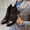 Luxury British High-Top Lace-Up Leather Boots in Black and Blue, Round Toe, 3-5 cm Heel - Men's Fashion Footwear