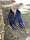 Luxury British High-Top Leather Boots in Black & Blue - Round Toe, Lace-Up, Comfortable Fit & Durable Rubber Sole - Men's Fashion Essentia